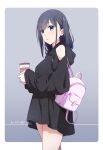  1girl artist_name backpack bag black_dress black_hair blue_eyes border coffee_cup cup dated disposable_cup dress expressionless highres holding holding_cup monai-chan_(nii_manabu) nii_manabu original pink_bag solo thighs white_border 