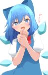  1girl :d bare_arms blue_bow blue_dress blue_eyes blue_hair blush bow bowtie bright_pupils cirno covering_own_mouth cowboy_shot dot_nose dress fang hair_between_eyes hair_bow hand_over_own_mouth hands_up happy heart heart_in_eye highres ice ice_wings leaning_to_the_side looking_at_viewer medium_hair mizune_(winter) open_mouth puffy_short_sleeves puffy_sleeves red_bow red_bowtie short_sleeves simple_background smile solo symbol_in_eye touhou translation_request white_background white_pupils wings 