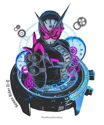  1boy analog_clock artist_name black_bodysuit bodysuit character_name clock clock_hands facing_viewer fake_horns gears hashtag-only_commentary helmet highres horned_helmet horns index_finger_raised kamen_rider kamen_rider_zi-o kamen_rider_zi-o_(series) male_focus obakelope0530 pointing pointing_up rider_watch simple_background solo tokusatsu upper_body v-fin white_background 