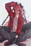  1boy absurdres anohito_(amaruno110) belt crossed_legs fate/grand_order fate_(series) gloves high_collar highres jacket long_hair long_sleeves male_focus red_eyes red_jacket redhead simple_background sitting solo takasugi_shinsaku_(fate) thigh_strap tongue tongue_out very_long_hair 