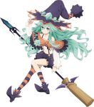  1girl broom broom_riding date_a_live full_body gem green_eyes green_gemstone green_hair hair_between_eyes hat long_hair long_sleeves looking_at_viewer natsumi_(date_a_live) navel official_art purple_footwear solo tachi-e transparent_background witch_hat 