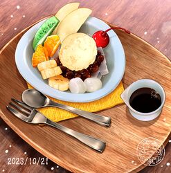  adzuki_bean anmitsu_(dessert) artist_logo banana banana_slice cherry commentary_request dated food food_focus fork fruit ice_cream kiwi_(fruit) kiwi_slice no_humans ooranokohaku original spoon still_life table tray wooden_table 