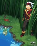  1boy :d absurdres artist_name beanie black_pants brendan_(pokemon) commentary day different_reflection fingerless_gloves gloves grass hand_up hat highres jacket kecleon looking_up male_focus open_mouth orlek outdoors pants partially_invisible pokemon pokemon_(creature) pokemon_rse pond red_footwear red_jacket reflection rock shoes smile standing strap tall_grass teeth upper_teeth_only water white_hat yellow_gloves 