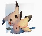  animal_focus closed_eyes commentary_request crying english_text highres kikuyoshi_(tracco) lying_on_another mimikyu no_humans open_mouth pichu pokemon pokemon_(creature) sad signature simple_background solid_oval_eyes tears white_background 