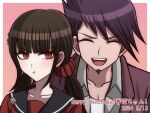  1boy 1girl :d black_sailor_collar blunt_bangs border brown_hair collarbone commentary_request danganronpa_(series) danganronpa_v3:_killing_harmony facial_hair goatee happy_birthday harukawa_maki long_hair low_twintails mole mole_under_eye momota_kaito pink_background portrait pout red_eyes red_shirt sailor_collar shirt smile spiky_hair suiren_yurei teeth translation_request twintails upper_teeth_only white_border 