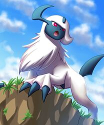  absol absurdres claws clouds grass highres horns looking_to_the_side no_humans on_ground open_mouth pokemon pokemon_(creature) red_eyes single_horn sky tail tcapmiagig white_fur 