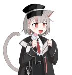  1girl :d absurdres animal_ears belt black_belt black_coat black_hat black_skirt blush_stickers bob_cut cat_ears cat_girl cat_tail clenched_hands coat collared_shirt colored_inner_animal_ears commentary_request dot_nose drop_earrings ear_piercing earrings extra_ears fang frilled_necktie grey_hair hair_behind_ear hands_up hat highres jewelry looking_ahead morphling_(artist) multicolored_hair necktie neneko_mashiro open_clothes open_coat open_mouth peaked_cap piercing raised_eyebrows red_eyes red_necktie redhead shirt short_hair sideways_hat simple_background skin_fang skirt sleeves_past_wrists smile solo star-shaped_pupils star_(symbol) stellive streaked_hair symbol-shaped_pupils tail tail_raised three_quarter_view upper_body virtual_youtuber white_background white_shirt 