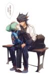  2boys absurdres alternate_costume alternate_universe arms_around_back backpack bad_id bad_lofter_id bag black_bag black_footwear black_hair black_jacket black_pants black_shirt blue_bag blue_eyes blue_pants chinese_text facial_mark fudo_yusei full_body green_hair grey_footwear hand_on_another&#039;s_head high_ponytail highres jacket looking_at_another looking_down looking_up lua_(yu-gi-oh!) male_focus multicolored_hair multiple_boys naoki_(2rzmcaizerails6) on_bench open_clothes open_jacket open_mouth pants parted_lips school_uniform shirt shoes short_hair short_ponytail sitting sneakers speech_bubble spiky_hair streaked_hair translated white_background white_jacket yu-gi-oh! yu-gi-oh!_5d&#039;s 