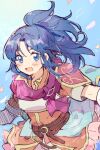  1girl :d armor blue_eyes blue_hair blue_sky breastplate fire_emblem fire_emblem:_new_mystery_of_the_emblem kris_(female)_(fire_emblem) kris_(fire_emblem) long_hair looking_at_viewer mbkmmm open_mouth orange_shirt ponytail shirt short_sleeves shoulder_armor sky smile solo upper_body 