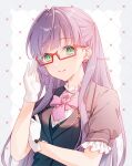  1girl adjusting_eyewear bespectacled black_jacket closed_mouth collar commentary_request earrings frilled_collar frilled_sleeves frills glasses gloves green_eyes hair_down half_updo highres jacket jewelry link!_like!_love_live! long_hair looking_at_viewer love_live! otomune_kozue puffy_short_sleeves puffy_sleeves purple_hair red-framed_eyewear semi-rimless_eyewear shirt short_sleeves smile solo tadano_yukiko twitter_username upper_body white_gloves white_shirt 