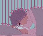  1boy absurdres aqua_background arrow_(projectile) avogado6 blanket collared_shirt from_side highres long_sleeves male_focus on_bed open_mouth original phone pillow purple_hair shirt short_hair sleepy solo under_covers white_shirt 