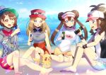  4girls :d ;d bare_arms bare_shoulders baseball_cap black_vest blue_eyes blurry blurry_background blush breasts brown_eyes brown_hair can cardigan closed_mouth collared_dress collared_shirt commentary_request commission day depth_of_field dress energy_drink gloria_(pokemon) goggles goggles_on_headwear green_hat grey_cardigan grey_eyes grey_shirt grey_shorts hair_between_eyes hat hilda_(pokemon) holding holding_can hood hood_down hooded_cardigan horizon knee_up knees_up kou_hiyoyo long_hair medium_breasts monster_energy multiple_girls no_legwear ocean one_eye_closed outdoors parted_bangs pikachu pokemon pokemon_(creature) pokemon_bw pokemon_bw2 pokemon_swsh pokemon_xy purple_skirt raglan_sleeves red_bull red_dress red_hat rosa_(pokemon) serena_(pokemon) shirt shorts sitting skeb_commission skirt sleeveless sleeveless_shirt smile tam_o&#039;_shanter very_long_hair vest visor_cap water white_hat white_shirt yellow_shorts 