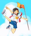  1boy ;d black_hair blue_shorts blue_sky clouds day flag headband highres holding holding_flag jumping mihira_sanpei oh3ru one_eye_closed outdoors red_headband shirt shoes shorts sketch sky smile sneakers socks t-shirt tsurikichi_sanpei v white_shirt white_socks 