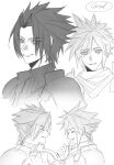  2boys 5ciw2 armor black_hair character_name closed_eyes cloud_strife crisis_core_final_fantasy_vii cropped_torso final_fantasy final_fantasy_vii from_side greyscale hand_up happy highres laughing looking_at_viewer male_focus monochrome multiple_boys parted_bangs pauldrons scarf short_hair shoulder_armor sketch smile spiky_hair sweater turtleneck turtleneck_sweater upper_body white_background zack_fair 