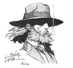  1boy cigarette commentary_request greyscale hat hatching_(texture) jigen_daisuke kitakaze_tomohiro lupin_iii male_focus medium_hair monochrome necktie portrait shaded_face signature smoking solo 