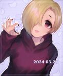  1girl black_hoodie black_nails blonde_hair hair_over_one_eye heart hood hoodie idolmaster idolmaster_cinderella_girls looking_at_viewer parted_lips qqkhoropp red_eyes shirasaka_koume short_hair smile solo upper_body 