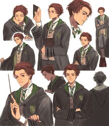  1boy black_coat black_robe book brown_hair coat crossed_arms freckles harry_potter_(series) highres hogwarts_legacy hogwarts_school_uniform holding holding_book holding_wand hooded_robe male_focus necktie robe school_uniform sebastian_sallow short_hair smile striped_necktie wand wizarding_world 