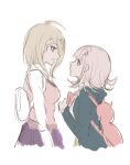  2girls :d ahoge akamatsu_kaede animal_bag backpack bag blonde_hair brown_skirt cat_bag closed_mouth cropped_torso danganronpa_(series) danganronpa_2:_goodbye_despair danganronpa_v3:_killing_harmony eye_contact flipped_hair from_side fu_ga_(vivi912912) height_difference highres long_hair long_sleeves looking_at_another medium_hair miniskirt multiple_girls nanami_chiaki open_mouth pink_bag pink_hair pink_sweater_vest pleated_skirt profile purple_skirt shirt skirt smile spaceship_hair_ornament sweater_vest white_bag white_shirt 