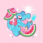  +_+ artist_name blush commentary food fruit happy holding leaphere no_humans open_mouth pink_background pokemon pokemon_(creature) popsicle sharp_teeth solo sparkle star_(symbol) teeth tongue totodile watermelon watermelon_slice 