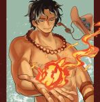  1boy black_hair blue_background commentary_request elbow_pads fire floating_hat freckles highres jewelry korean_commentary letterboxed light_smile living_(pixiv5031111) looking_down male_focus necklace one_piece orange_hat pearl_necklace portgas_d._ace short_hair single_elbow_pad solo topless_male 