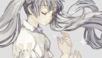  1girl blue_hair closed_eyes closed_mouth collared_shirt commentary_request expressionless floating_hair frilled_sleeves frills grey_background long_hair original puffy_short_sleeves puffy_sleeves shirt short_sleeves simple_background snowflakes solo tono_(rt0no) twintails upper_body white_shirt white_sleeves 