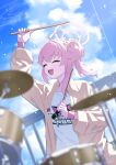  1girl absurdres ahoge blue_archive blush closed_eyes drum drumsticks fukujin hair_between_eyes halo highres holding holding_drumsticks instrument jacket long_hair long_sleeves natsu_(band)_(blue_archive) natsu_(blue_archive) official_alternate_costume open_clothes open_jacket open_mouth pink_hair pink_halo shirt smile solo white_shirt yellow_jacket 