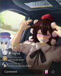  2girls arms_up black_ribbon blue_hair blue_hat brown_hair car_interior character_request clenched_teeth closed_eyes collared_shirt crying donald_trump_please_save_us_(meme) english_text hat highres iizunamaru_megumu kirisame_marisa lad_der livestream looking_at_another meme multiple_girls neck_ribbon pom_pom_(clothes) profile_picture puffy_short_sleeves puffy_sleeves red_hat remilia_scarlet ribbon shameimaru_aya shirt short_sleeves tears teeth tiktok tokin_hat touhou unamused upper_body user_interface white_shirt 