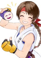  1girl black_gloves braid brown_hair fingerless_gloves gloves highres oni_gini ryuuko_no_ken single_braid smile solo the_king_of_fighters upper_body white_background yuri_sakazaki 
