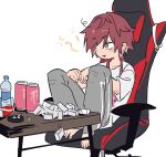  bottle chair cigarette energy_drink gaming_chair green_eyes grey_pants lauren_iroas loungewear nijisanji o5976755 pants redhead shirt sitting swivel_chair water_bottle white_shirt 