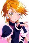  1girl ai-generated blowing_kiss blush brown_eyes brown_hair choker cure_black earrings futari_wa_precure gloves heart heart_earrings highres jewelry kiss looking_at_viewer magical_girl misumi_nagisa one_eye_closed open_mouth precure short_hair solo 