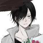  1boy black_hair black_shirt black_undershirt bouquet choujin_x collar collared_jacket flower hair_over_one_eye high_collar holding holding_bouquet holding_flower jacket kurohara_tokio_(choujin_x) looking_at_viewer open_clothes open_jacket pink_flower pink_rose rokuen_skd rose shirt simple_background small_pupils undershirt white_background white_collar white_jacket 