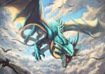  bird claws clouds crow dragon fantasy flying highres horns monster no_humans open_mouth original outdoors robuja scales sharp_teeth sky tail teeth western_dragon wings 