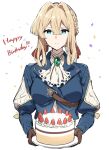  1girl birthday blonde_hair blue_eyes blue_jacket braid brooch brown_gloves cake closed_mouth confetti food gloves hair_between_eyes highres jacket jewelry long_sleeves looking_at_viewer non-web_source ribbon simple_background smile solo upper_body violet_evergarden violet_evergarden_(series) white_background 