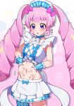  1girl absurdres aozora_himari blush bow breasts center_frills choker crop_top frilled_skirt frilled_wrist_cuffs frills hair_bow hair_ornament hands_on_own_stomach highres himitsu_no_aipri kiratto_pri_chan long_hair medium_breasts midriff mujin_(mujinzairaisen) multicolored_clothes multicolored_skirt navel open_mouth pink_bow pink_hair pretty_series shirt skirt solo standing summer_maid_coord violet_eyes wrist_cuffs 