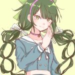  1girl bow bowtie buttons chabashira_tenko choker collarbone danganronpa_(series) danganronpa_v3:_killing_harmony double-breasted drill_hair green_eyes hair_ribbon hand_up highres karoru_(xiaoxian55) long_hair long_sleeves pink_choker ribbon simple_background smile solo twin_drills twintails white_bow white_bowtie white_ribbon yellow_background 