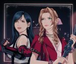  2girls aerith_gainsborough bangle bare_shoulders black_bra black_gloves black_hair bra bracelet braid braided_ponytail breasts brown_hair choker clenched_hands closed_mouth crop_top dangle_earrings dress earrings elbow_gloves elbow_pads fighting_stance final_fantasy final_fantasy_vii final_fantasy_vii_rebirth final_fantasy_vii_remake fingerless_gloves flower_choker gloves green_eyes hair_ribbon highres holding holding_staff jacket jewelry large_breasts long_hair medium_breasts multiple_girls parted_bangs parted_lips pink_dress pink_ribbon red_eyes red_jacket ribbon shanlieart shirt short_sleeves sidelocks single_braid single_elbow_pad sleeveless sleeveless_shirt smile sports_bra staff swept_bangs tifa_lockhart underwear upper_body wavy_hair white_shirt 