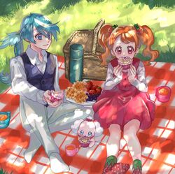  black_vest blue_hair bottle cup cure_whip dress eating field food fruit highres julio_(precure) kirakira_precure_a_la_mode kuroki_rio orange_hair picnic pink_dress precure socks strawberry sun twintails usami_ichika vest waffle yuki_inu 