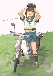  1girl :d absurdres anchor_symbol black_socks blue_neckerchief blue_skirt blush brown_hair commentary_request fubuki_(kancolle) full_body goggles goggles_on_headwear green_eyes green_sailor_collar grey_footwear helmet highres honda_super_cub kantai_collection kneehighs looking_up low_ponytail medium_hair midriff miniskirt motor_vehicle motorcycle motorcycle_helmet navel neckerchief outdoors pot-de removing_helmet sailor_collar school_uniform serafuku shirt shoelaces short_sleeves sidelocks skirt smile socks solo twitter_username white_background white_shirt 