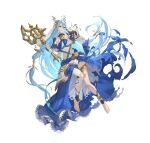  1girl asymmetrical_legwear axe azura_(fire_emblem) azura_(song&#039;s_reflection)_(fire_emblem) barefoot blue_hair dress elbow_gloves fake_horns fingerless_gloves fire_emblem fire_emblem_fates fire_emblem_heroes full_body gloves hair_between_eyes hairband horned_headwear horns jewelry juliet_sleeves long_hair long_sleeves official_art puffy_sleeves second-party_source simple_background smile solo teffish veil very_long_hair white_veil yellow_eyes 