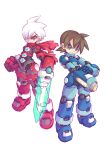  2boys arm_blade arm_cannon armor blue_armor brown_eyes brown_hair character_request clenched_hand energy_sword full_body green_eyes highres iikoao male_focus mega_man_(series) mega_man_legends_(series) mega_man_volnutt multiple_boys red_armor short_hair sword weapon white_hair 