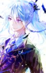  1boy bishounen blue_hair braid character_request closed_mouth collared_shirt ensemble_stars! falling_feathers feathers formal jacket light_blue_hair long_hair looking_to_the_side male_focus mint5464 necktie ponytail shirt sketch smile solo upper_body violet_eyes white_background 