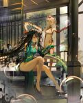  2girls absurdres arknights bead_bracelet beads bracelet china_dress chinese_clothes colored_skin dizzen dragon_girl dragon_horns dragon_tail dress dusk_(arknights) dusk_(everything_is_a_miracle)_(arknights) earrings fiery_tail gradient_skin green_horns green_skin highres horns jewelry leg_tattoo looking_at_object multicolored_hair multiple_girls nian_(arknights) nian_(unfettered_freedom)_(arknights) red_skin sleeveless sleeveless_dress soap_bubbles streaked_hair tail tassel tassel_earrings tattoo 