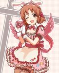  1girl @_@ abe_nana animal_ears bow bowtie box braid breasts brown_eyes brown_hair cowboy_shot dress frills gloves heart heart-shaped_box hemoglosso holding idolmaster idolmaster_cinderella_girls looking_at_viewer medium_breasts medium_hair one_eye_closed pink_bow pink_bowtie pink_dress rabbit_ears short_sleeves smile solo standing thigh-highs valentine white_gloves white_thighhighs wings 