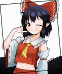  absurdres ahoge anrifrus ascot bare_shoulders black_hair black_wings breasts closed_mouth collared_shirt cosplay hakurei_reimu hakurei_reimu_(cosplay) happy highres long_sleeves low_wings midriff navel one_eye_closed pointy_ears red_eyes red_shirt red_skirt red_wings shameimaru_aya shirt skirt skirt_set sleeveless sleeveless_shirt small_breasts smile touhou upper_body white_sleeves wide_sleeves wings yellow_ascot 