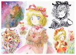  1girl blonde_hair blue_eyes bow_choker brown_shirt choker closed_mouth flower hair_ribbon lily_of_the_valley medicine_melancholy medinki official_style painting_(medium) pink_skirt puffy_short_sleeves puffy_sleeves red_choker red_ribbon ribbon shirt short_hair short_sleeves skirt smile su-san touhou traditional_media watercolor_(medium) zun_(style) 