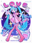  1girl :d artist_name blood blood_bag blue_eyes blue_hair boots chibi chibi_inset dress english_text full_body hand_on_own_hip hat hatsune_miku holding holding_syringe long_hair looking_at_viewer nurse nurse_cap open_mouth pause_button pink_dress pink_footwear play_button renzhi00334233 short_sleeves smile solo standing syringe thermometer thigh_boots twintails vocaloid 