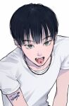  1boy artist_name black_eyes black_hair dated ear_piercing earrings hair_between_eyes jewelry male_focus mole mole_under_eye necklace open_mouth original piercing shirt short_hair signature simple_background solo teeth tongue tongue_out tongue_piercing upper_body white_background white_shirt yoshino_ganko 