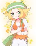  1girl bag bianca_(pokemon) blonde_hair closed_mouth dress floral_background green_bag green_eyes green_hat hat highres looking_at_viewer orange_vest pandakokkopanda pokemon pokemon_bw short_hair shoulder_bag smile solo vest white_dress 