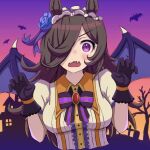  1girl animal_ears bat_(animal) black_hair blush brooch buttons claw_pose collared_shirt commentary_request embarrassed fang hair_between_eyes halloween_costume horse_ears horse_girl jewelry long_hair looking_at_viewer maid_headdress open_mouth outdoors paint_rice rice_shower_(make_up_vampire!)_(umamusume) rice_shower_(umamusume) shirt solo umamusume upper_body violet_eyes 
