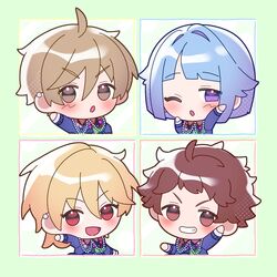  4boys absurdres blush border chibi chibi_only collage ensemble_stars! green_border halftone heidbd highres long_sleeves male_focus mashiro_tomoya matching_outfits multiple_boys nito_nazuna no_nose no_pupils outside_border portrait rabbits_(ensemble_stars!) shino_hajime sideways_glance tenma_mitsuru 